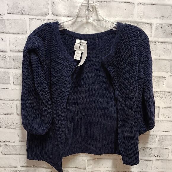 Navy Blue Cardigan with Cropped Cable Knit Design - Picture 1 of 3